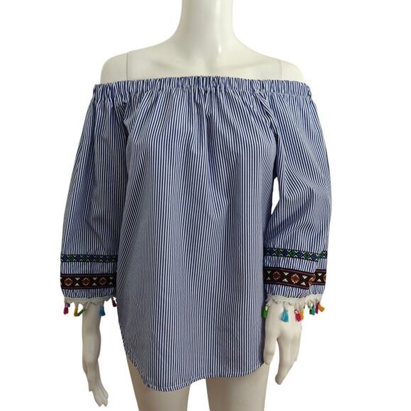 Rag & Bone Off Shoulder Top Size Small Blue White Striped Beachy Boho READ - Picture 1 of 5